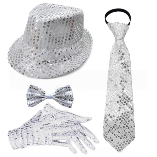 Whakano Glitzer Outfit Herren 4er Set,70er Jahre Pailletten Kostüme,Herrenhut,Fliege,Krawatte,Handschuhe,Disco Party Zubehör,Fasching Accessories für Karneval Mottoparty,Dance Performance,Silber von Whakano