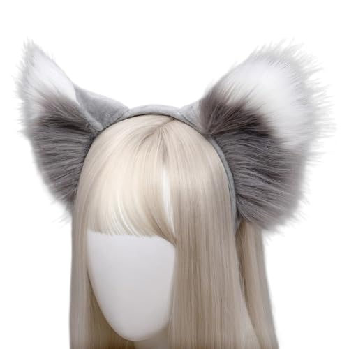 Whakano Plüsch Fuchsohren Haarreif,Tierohren Haarbänder Haarschmuck,Niedliche Kopfbedeckung Cosplay Kleidung,Halloween Kostüm,Haar-Accessoires für Cosplay Party Mottoparty Weihnachtsfeier,Grau Weiß von Whakano