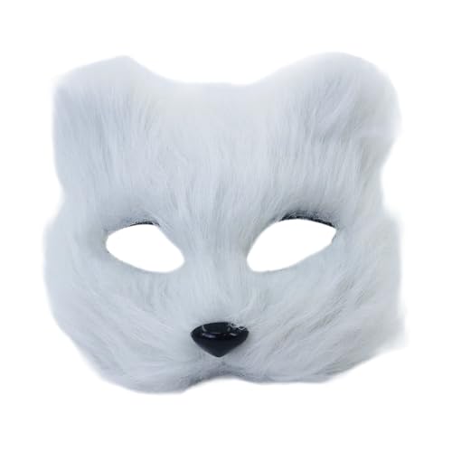 Whakano Plüschmaske Maskerade Tiermasken,Therian Katzenmaske für Damen Herren,Maskenmaske Halbes Gesicht Maske für Halloween Karneval Abendkleid Tanz Maskenball Party Cosplay,Weiß von Whakano