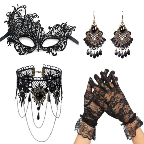Whakano Spitze Maskerade Maske,4 Stück Venezianische Maske,Halskette Choker,Ohrringe und Handschuhe,Halloween Kostüm Lace maske für Karneval Abendkleid Tanz Maskenball Party Cosplay,Schwarz von Whakano