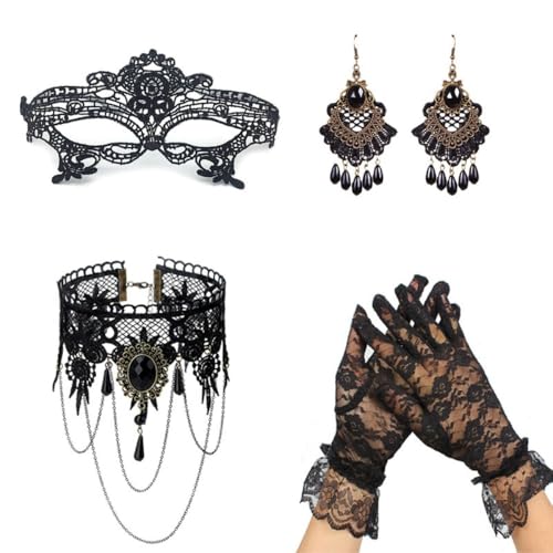 Whakano Spitze Maskerade Maske,4 Stück Venezianische Maske,Ohrringe,Halskette Choker und Handschuhe,Halloween Kostüm Lace maske für Karneval Abendkleid Tanz Maskenball Party Cosplay,Schwarz von Whakano
