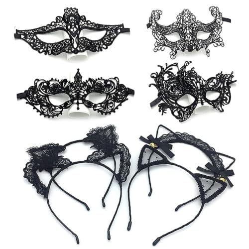 Whakano Spitze Maskerade Maske,8 Stück Venezianische Maske und Stirnband,Halloween Kostüm Augenmaske Lace maske für Karneval Abendkleid Tanz Maskenball Party Cosplay Bühnenauftritt,Schwarz von Whakano