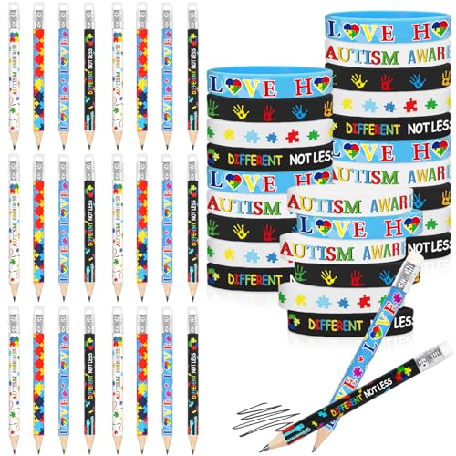 Whaline 24 Stück Autismus-Bewusstseins-Bleistifte, Armbänder, inspirierende Silikon-Armbänder, kurze Bleistifte, bunte Halbstifte, dehnbare Armbänder für autistische Studenten, Schule, Büro, Whaline 24 Stück Autismus-Bewusstseins-Bleistifte, Armbänder, inspirierende Silikon-Armbänder, kurze Bleistifte, bunte Halbstifte, dehnbare Armbänder für autistische Studenten, Schule, Büro, von Whaline