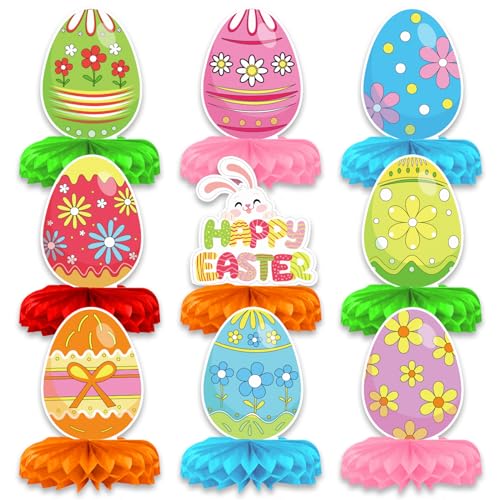 Whaline 9 Stück Happy Easter Waben-Tischaufsätze, Häschen, Kaninchen, Ei, Blumen-Tischschilder, bunt, 3D-Tablett, Dekoration für Frühling, Party, Zuhause, Küche, Esstisch, Dekoration von Whaline