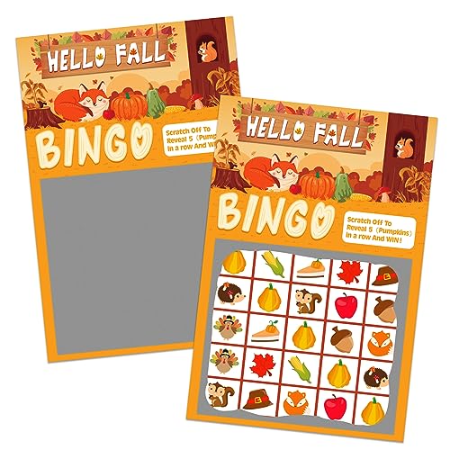 WhatSign Rubbel-Bingo-Spielkarten für Kinder, 26 Spieler, Herbstfestival, Partyspiel, Rubbeln, Bingo-Spielkarten, Herbst-Bingo-Karten, Erntedankfest, Party, Gastgeschenke, Schule, Klassenzimmer von WhatSign