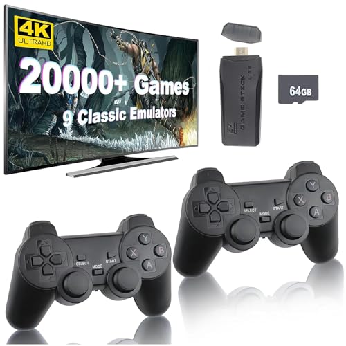 Whatsko Retro Konsole Spielkonsole Game Stick 4K, Retrolink 20.000+ Spiele mit 2 Wireless Controllers Gamepad-64G, Plug and Play Video Game Console für TV HDMI, Geschenke für Kinder Erwachsene von Whatsko