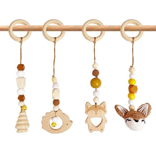 Whcctl 4 Stück Spielebogen Babies Holz, Spieltrapez Baby, Baby Gym Holz, Anhänger Spielbogen, für Mädchen Jungen Babyspielzeug, ab 0 Monate Spielebogen (Braun) von Whcctl