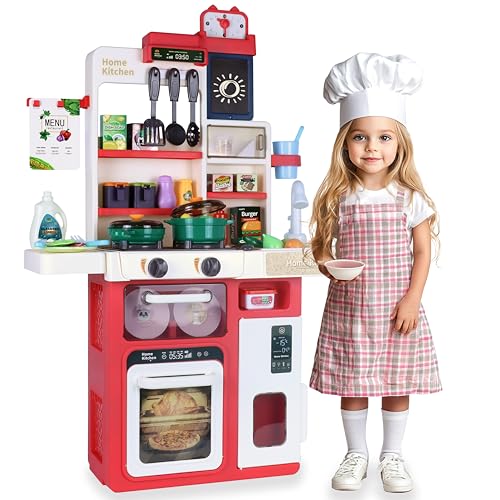 Küchenset für 10 Kinder mit Elektronischem Herd, Dampf und Lichtern, interaktives Küchenspielzeug mit Spüle, Spielessen und über 50 Accessoires für Mädchen und Jungen von 3-8 Jahren (Rot) von WhimzyWink