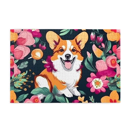 Puzzles1000 Teile Whjdpp Corgi Blumen Blumen Bildpädagogisches Intellektuelles Holzpuzzles, lustige Puzzles, Stressabbau-Spiel von Whjdpp