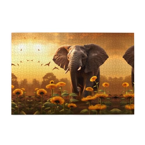 Puzzles1000 Teile Whjdpp Elefant und Sonnenblume Bild Pädagogische Intellektuelle Holzpuzzles Lustige Puzzles Stressabbau-Spiel von Whjdpp