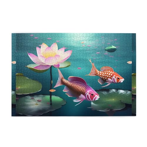 Puzzles1000 Teile Whjdpp Fische schwimmen Lotusbild Pädagogische Intellektuelle Holzpuzzles Lustige Puzzles Stressabbau Spiel von Whjdpp