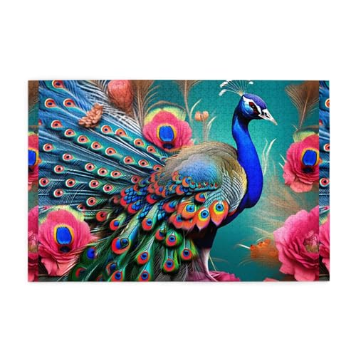 Puzzles1000 Teile Whjdpp Schönes Pfau und Blumenbild Pädagogisches Intellektuelles Holzpuzzles, Spaßpuzzles, Stressabbau-Spiel von Whjdpp