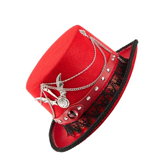 Unisex Filzhut mit Metallkette und Spitzenbesatz Dekoration Halloween Kostüm Zubehör für Punk Enthusiasten Vintage Mechanischer Filzhut von Whltzf
