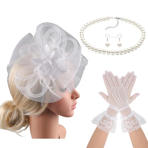Whltzf 20er Jahre Fascinator Hut Haarband und Halskette Kostüm Set Haarschmuck für Pferderennen Event Cocktails Party Dressingup Kostüm Kopfbedeckung von Whltzf