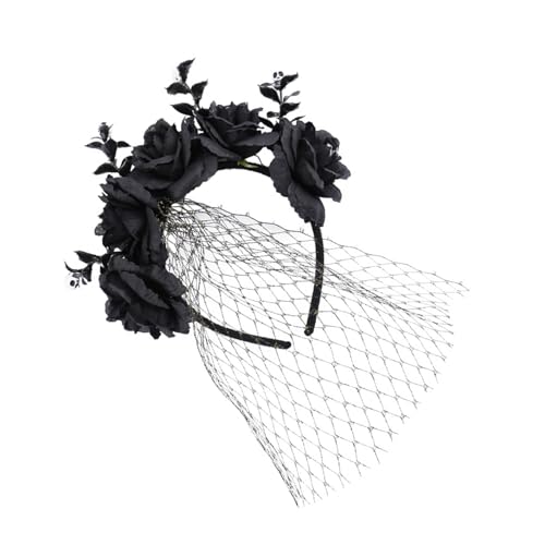 Whltzf Halloween Rose Blume und Schleier Stirnband Verstellbares elastisches Haarband für Kostümpartys Stilvolle Kopfbedeckung Zubehör Kostüm Kopfschmuck von Whltzf