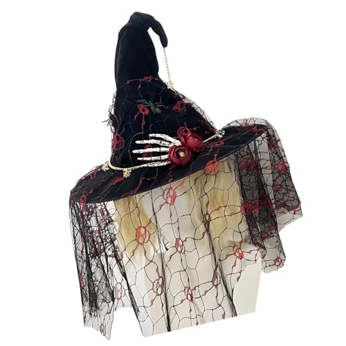 Whltzf Spinnennetz-Hexenhut mit Skelett-Hand und Totenkopf-Muster, Halloween-Party-Dekoration, Kopfbedeckung für Rollenspiele, Events, Halloween-Hut von Whltzf
