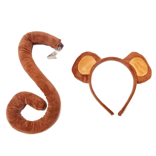 Whnbuij Affenständer, Haarreifen, Stirnband und Schwanz mit Affenohren | Affen Ear-Headband and Tail Set, Halloween-Affen-Cosplay-Outfits für Tierpartys von Whnbuij