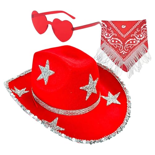 Whnbuij Cowboyhut Disco Hut, funkelnde Cowboyhüte für Damen | 3X Strass Stern Bandana mit Strass für Cowboyhut | Cosplay Set, Cowgirl Hut Whnbuij Cowboyhut Disco Hut, funkelnde Cowboyhüte für Damen | 3X Strass Stern Bandana mit Strass für Cowboyhut | Cosplay Set, Cowgirl Hut von Whnbuij