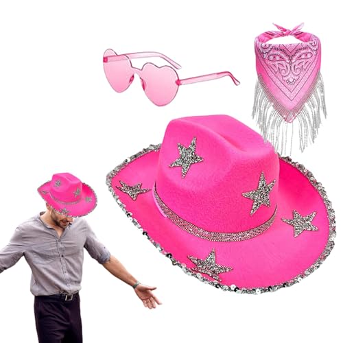 Whnbuij Strass Cowgirl Hut Cowboyhut mit Strass | Cowboyhut für 3X Herz Sonnenbrille | Cosplay Set, Cowgirl Glitzer Cowgirl Hut für Party von Whnbuij