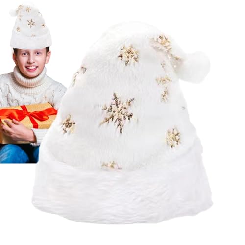Whnbuij Weihnachtsmütze, weiß, Weihnachtsmütze, Unisex, mit funkelndem Schneeflockenmotiv, Weihnachtsmütze, festlich, weich und bequem für das neue Jahr von Whnbuij