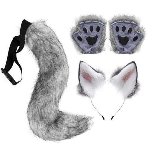 Whnbuij Wolf Cosplay Set - Wolf Ohren & Schwanz Wolf Kleid | Deluxe Komfortable Wolf Schwanz Clip Ohrenclip Einzigartige Handschuhe Set Ohren & Handschuhe für Halloween & Weihnachten für D von Whnbuij
