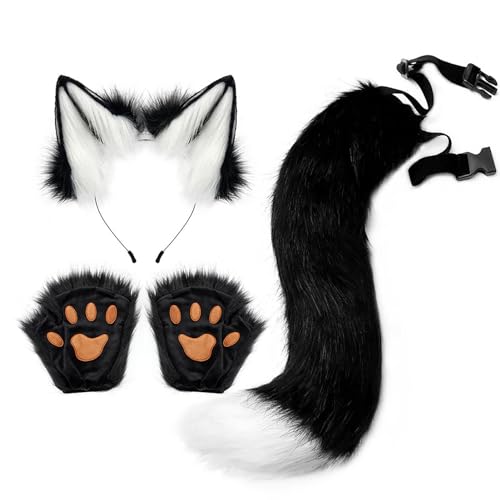 【Wolfskostüm-Set – Kunstpelzschwanz, Ohren- und Clip-Handschuhe, Cosplay-Zubehör für Halloween-Kostümpartys, Wolfsohren- und Schwanz-Set für Feierlichkeiten D 【Wolfskostüm-Set – Kunstpelzschwanz, Ohren- und Clip-Handschuhe, Cosplay-Zubehör für Halloween-Kostümpartys, Wolfsohren- und Schwanz-Set für Feierlichkeiten D von Whnbuij