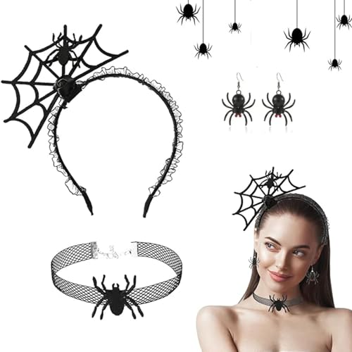 Whongkidz Halloween Schwarze Spinne Choker Ohrringe Haarband Set Kostüm Haarschmuck 3 Stück Hoop für Frauen Teenager Mädchen Gorthic Cosplay Maskerade Spinne Party Cosplay von Whongkidz