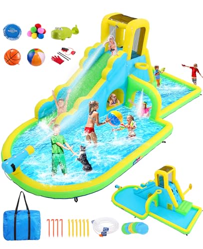 Whubefy Aufblasbare Wasserrutsche für Kinder, Hinterhof mit 4,7 m großem Pool für 7 Kinder, 8-in-1 Wasserrutsche, Hüpfhaus mit Rutsche, 6 Spielzeuge, Kletterwand, aufblasbarer Wasserrutschenpark für Whubefy Aufblasbare Wasserrutsche für Kinder, Hinterhof mit 4,7 m großem Pool für 7 Kinder, 8-in-1 Wasserrutsche, Hüpfhaus mit Rutsche, 6 Spielzeuge, Kletterwand, aufblasbarer Wasserrutschenpark für von Whubefy