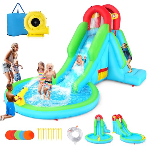 Whubefy - Aufblasbare Wasserrutsche für Kinder im Alter von 3–6 Jahren mit Gebläse, aufblasbarem Pool, Sprinkler, aufblasbaren Pinguin-Puppen, Wasserrutschen für Kinder, Hinterhof, Outdoor-Party von Whubefy