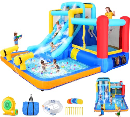 Whubefy Aufblasbares Doppelrutschen-Wassersprunghaus für Kinder, Hinterhof, Springen und Rutschen, aufblasbarer Wasserpark mit 2 Rutschen, riesigem Planschbecken, Sprungbereich, Kletterwand und 2 von Whubefy