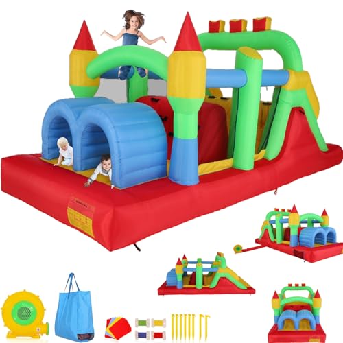 Whubefy Aufblasbares Hüpfhaus, Hindernislauf für Kinder 3-12, 5,5 x 2,5 m, riesiges Hüpfhaus mit zwei Tunneln, große Rutsche, Klettergerüst, Schlosswippe mit 680-W-Gebläse – ideal für von Whubefy
