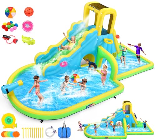 Whubefy Mega aufblasbare Wasserrutsche für Kinder, Hinterhof mit langer Rutsche und Tunnel, 13-in-1 aufblasbarer Wasserpark mit riesigem Planschbecken, Kletterwand, Hindernistür, Basketballfelge von Whubefy