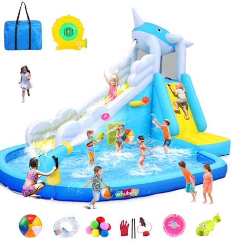 Whubefy Whale Aufblasbare Wasserrutsche für Kinder von 3–10, 3,6 x 2,7 m, Bounce House Hinterhof, Wasserpark, lange Rutsche/Wasserkanone/Wasserpistole/Flugscheibe, 10+ Zubehör, Wasserrutsche für Whubefy Whale Aufblasbare Wasserrutsche für Kinder von 3–10, 3,6 x 2,7 m, Bounce House Hinterhof, Wasserpark, lange Rutsche/Wasserkanone/Wasserpistole/Flugscheibe, 10+ Zubehör, Wasserrutsche für von Whubefy