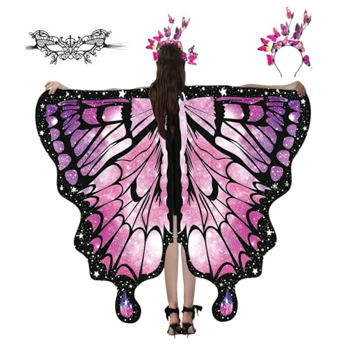 Whyzsjnclg Erwachsener Schmetterlingskostüm, 1 Set Butterfly Coestüm (3PCs), doppelseitiges Flügelset mit Stirnband- und schwarzen Spitzenzubehör für Halloween-Kostüme für Frauen von Whyzsjnclg