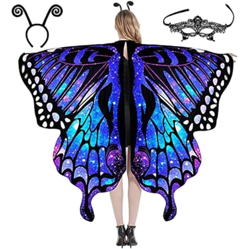 Whyzsjnclg Erwachsener Schmetterlingskostüm, 1 Set Butterfly Kostüm (3 PCs), doppelseitiges Flügelset mit Stirnband und schwarze Lace-Augenmaske für Frauen Halloween Kostüme Style11 von Whyzsjnclg