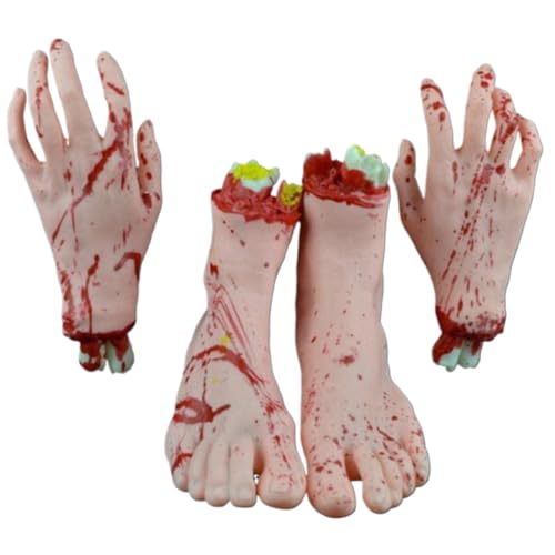 Whyzsjnclg Gefälschte Füße, 4pcs Halloween Hände Set, 1 Paar abgetrennte falsche Hand und 1 Paar Füße, Horror blutiger Körper für Spukhaus Halloween Dekor von Whyzsjnclg