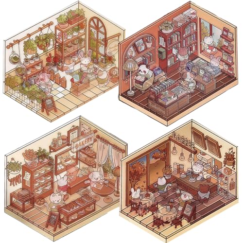 Whyzsjnclg Szenenaufkleber 4 Set Cafe, Bäckerei, Bibliothek und Gewächshaus 3D -Hausaufkleber für Erwachsene, Kinder von Whyzsjnclg