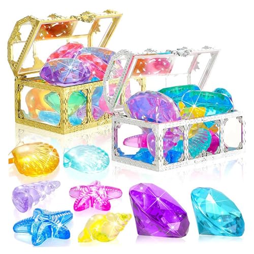 Whyzsjnclg Tauchspielzeug, 32 PCs Pool Tauchspielzeug farbenfrohe Tauchgang Verschiedene Formen Diamanten mit Treasure Pirate Box Plastik für Kinder Jungen Mädchen von Whyzsjnclg