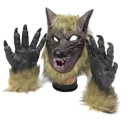 Whyzsjnclg Wolf Maske, Werwolf Kostüm realistische Halloween -Werwolf -Maske ＆ 1 Paar Pfotenhandschuhe Hautfreundlich ＆ atmungsaktiv für Halloween -Partydekorationen von Whyzsjnclg