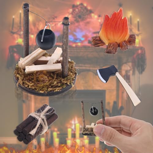 WiDream 4 Stück Mini Lagerfeuer Wichtelzubehör, Wichtel Outdoor Camping Zubehör mit Brennholz Heizenofen Lagerfeuer Axt, Wichtel Zubehör Feuerstelle für Wichteltür Halloween Weihnachten von WiDream
