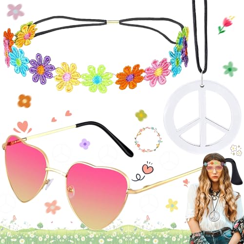 WiDream Hippie Kostüm, Hippie Kostüm Damen, Hippie Accessoires, Hippie Haarband, Vintage Hippie Brille Im Stil 60er 70er Jahre, Boho Stirnband Blume Stirnband Friedenszeichen Halskette von WiDream