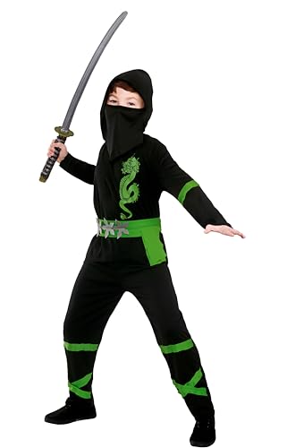 Kids Power Ninja Kostüm, Schwarz/Grün, Größe L (8–10 Jahre) von Wicked Costumes