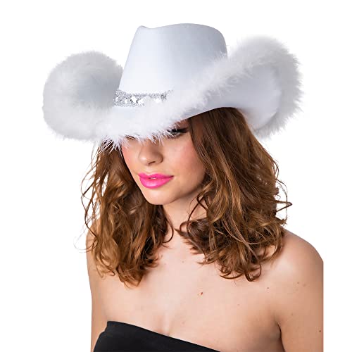 Wicked Costumes Texanischer Cowboy-Hut für Erwachsene, Kostüm- und Partyzubehör, Weiß, Pailletten und Federbesatz von Wicked Costumes
