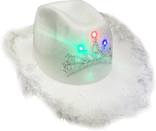 WickedFun® Beleuchtete Tiara weißer Cowboyhut mit Flusenbesatz für Männer und Frauen, luxuriöser Texanischer Cowboyhut für Erwachsene, Partyzubehör von WickedFun