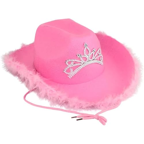 WickedFun® Rosafarbener Cowboyhut mit Flaumbesatz für Damen und Herren, Deluxe, breite Krempe, Uni, Erwachsene, texanischer Cowgirl-Hut, Kostümparty-Zubehör von WickedFun