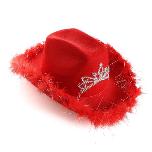 WickedFun® Roter Cowboyhut mit Flaumbesatz für Damen und Herren, Deluxe, breite Krempe, Uni, Erwachsene, texanischer Cowgirl-Hut, Kostümparty-Zubehör von WickedFun