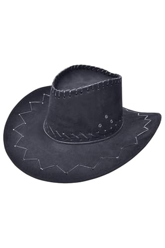 WickedFun® Schwarzer Cowboyhut in Lederoptik für Damen und Herren, Deluxe breite Krempe, Uni, Erwachsene, texanischer Cowgirl-Hut, Kostümparty-Zubehör von WickedFun