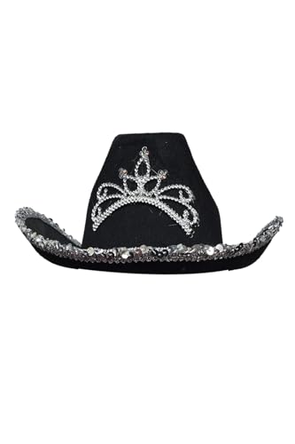 WickedFun® Schwarzer Cowboyhut mit Paillettenbesatz für Damen und Herren, Deluxe breite Krempe, Uni, Erwachsene, texanischer Cowgirl-Hut, Kostümparty-Zubehör von WickedFun