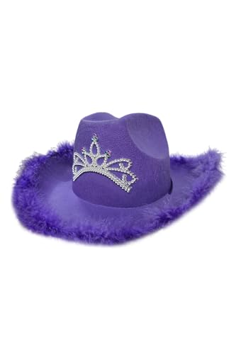 WickedFun® Violetter Cowboyhut mit Flaumbesatz für Damen und Herren, Deluxe, breite Krempe, Uni, Erwachsene, texanischer Cowgirl-Hut, Kostümparty-Zubehör von WickedFun