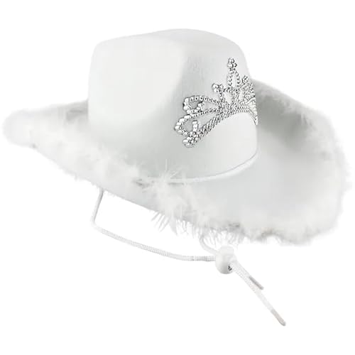 WickedFun® Weißer Cowboyhut mit Flaumbesatz für Damen und Herren, Deluxe, breite Krempe, Uni, Erwachsene, texanischer Cowgirl-Hut, Kostümparty-Zubehör von WickedFun